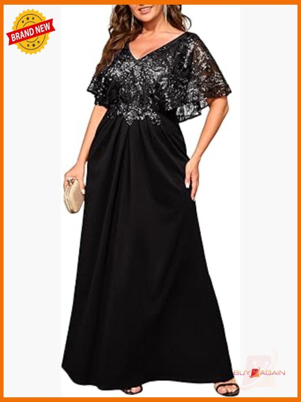 Plus Size Sequin Maxi Evening Dress Cape Sleeve V-Neck Mermaid Silhouette